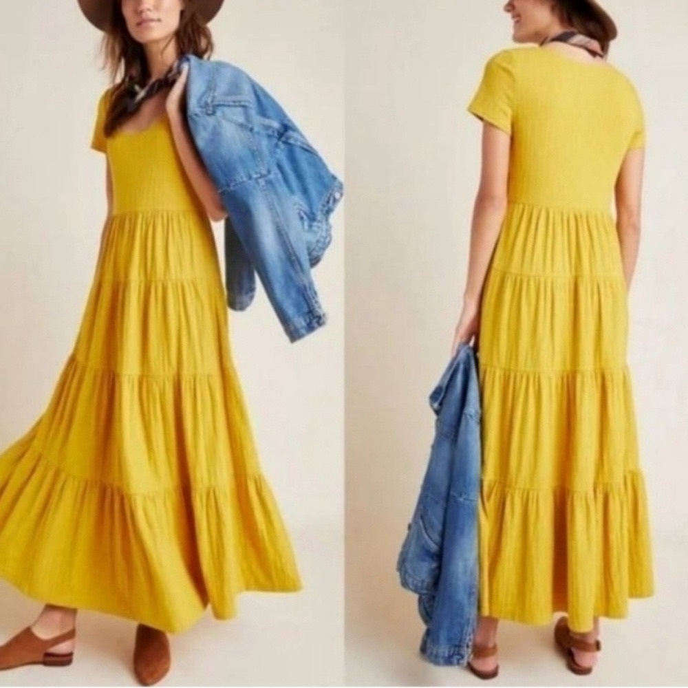 Anthropologie Maeve Gillian tiered maxi dress yellow boho relaxed cottagecore